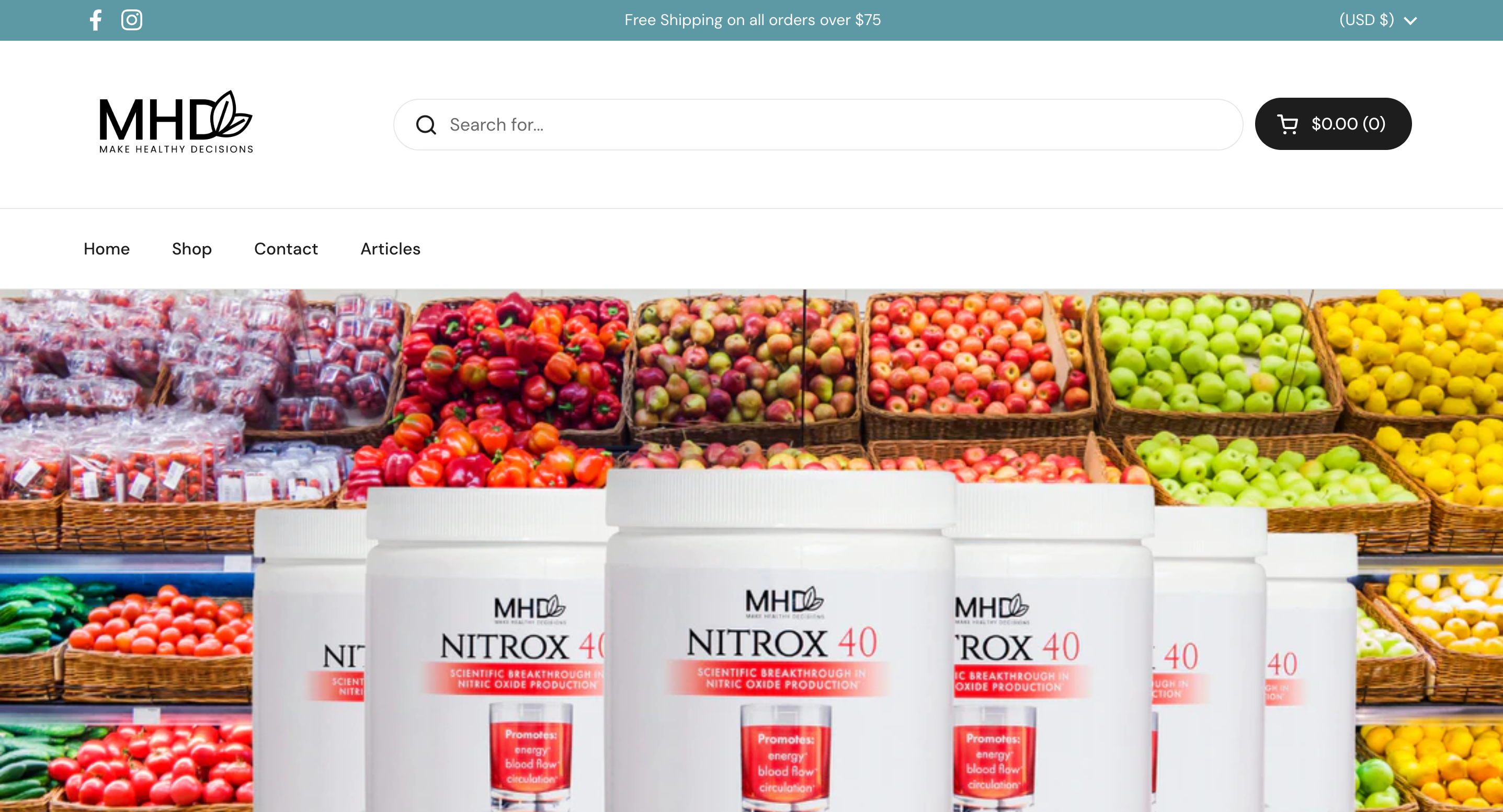 MHD website featuring Nitrox 40 supplement containers with a grocery store background