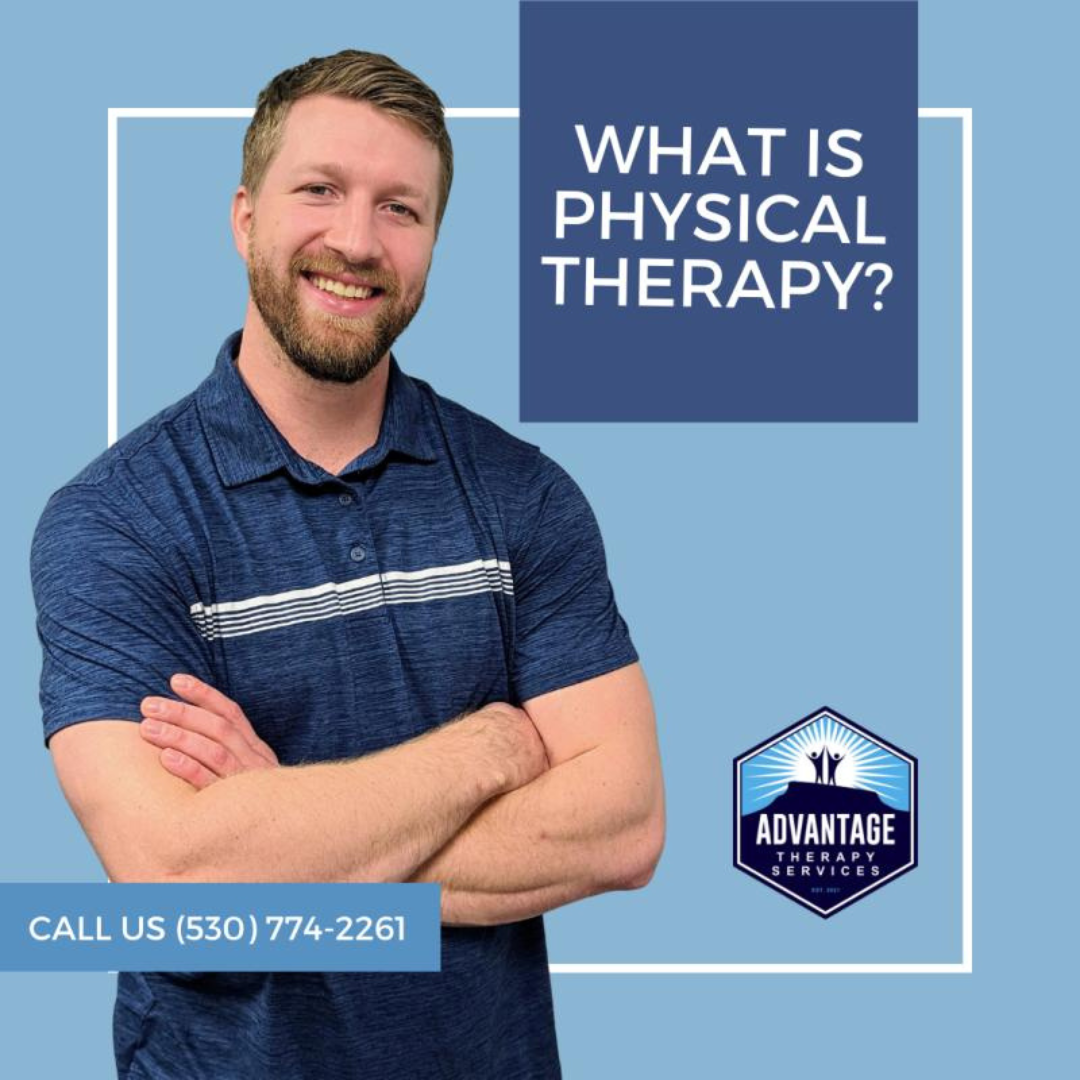 Man with arms crossed on a blue background with text about physical therapy and contact information.