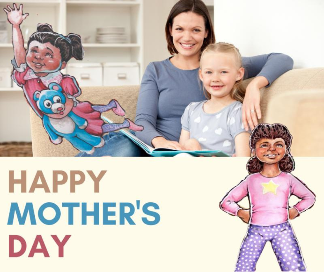 Woman and child sitting on a couch with a book, surrounded by illustrated characters, with 'Happy Mother's Day' text.