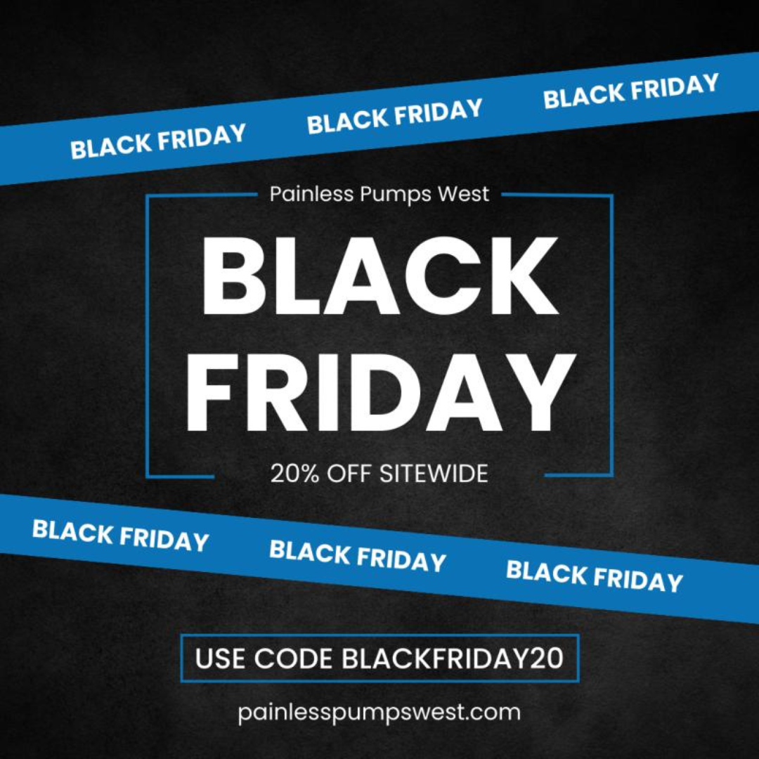 Black Friday sale advertisement for Painless Pumps West with promotional text and code.