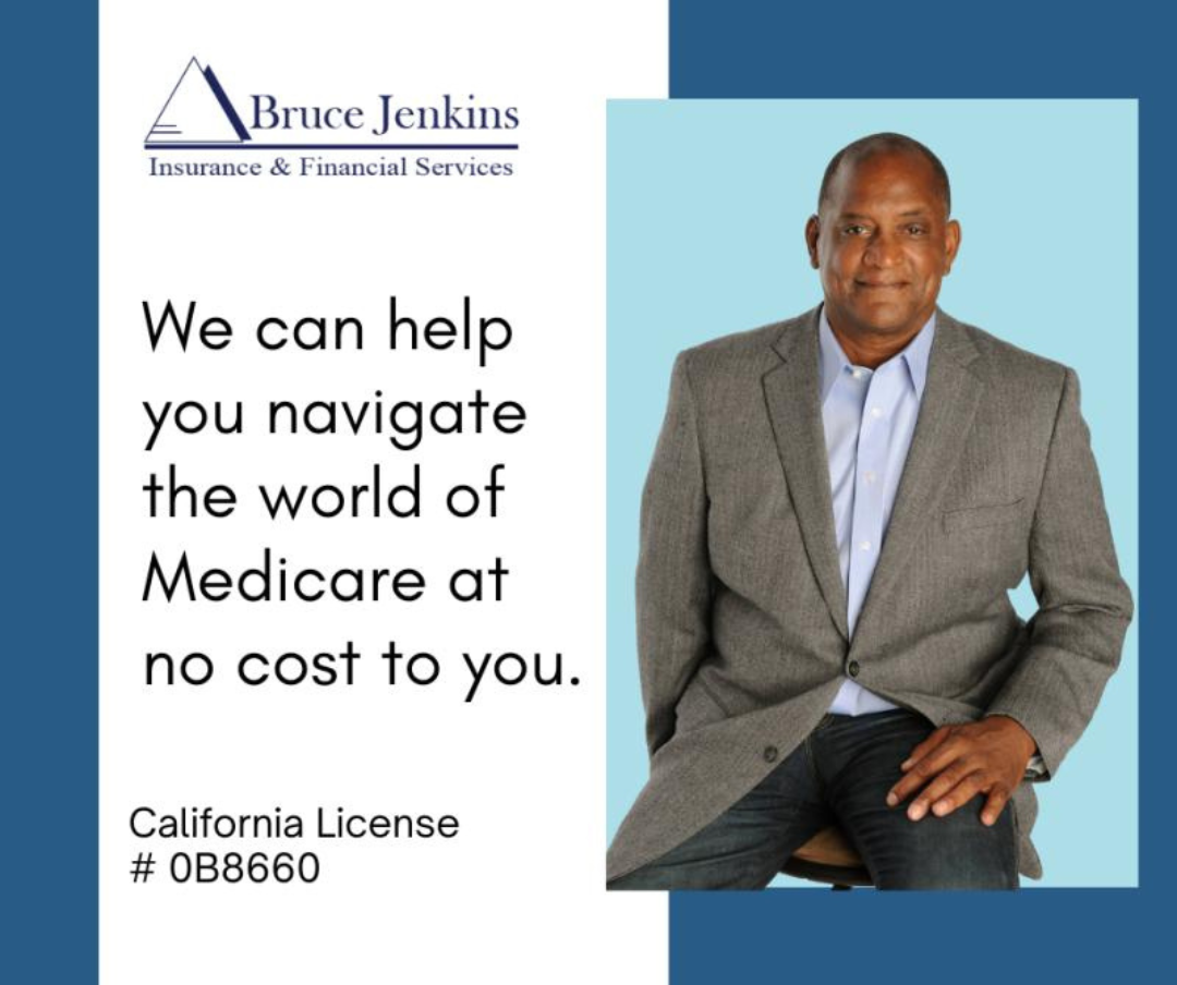 Advertisement for Bruce Jenkins Insurance & Financial Services with a man in a suit and text about Medicare assistance.