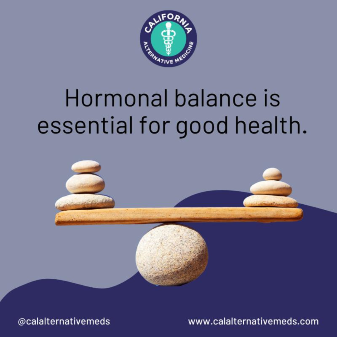 Balancing stones with text about hormonal balance on a blue background, featuring the California Alternative Medicine logo.