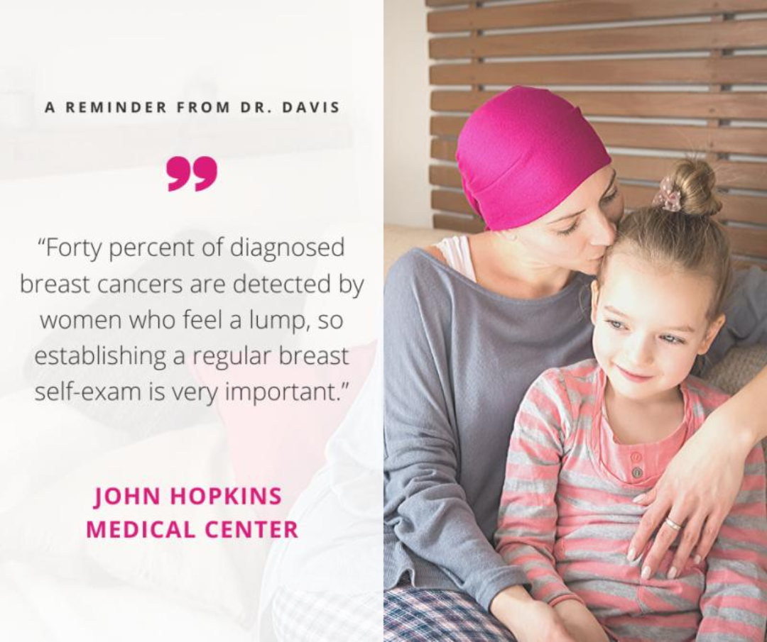 Woman wearing a pink headscarf and a child sitting on her lap, with text about breast cancer awareness from John Hopkins Medical Center.