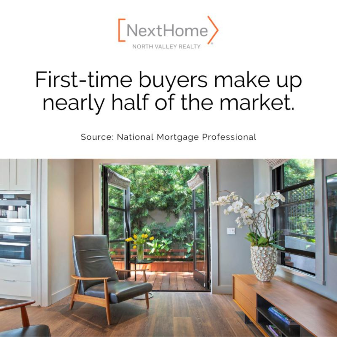 Modern living room with an open door leading to a garden, featuring the NextHome logo and real estate market statistic.
