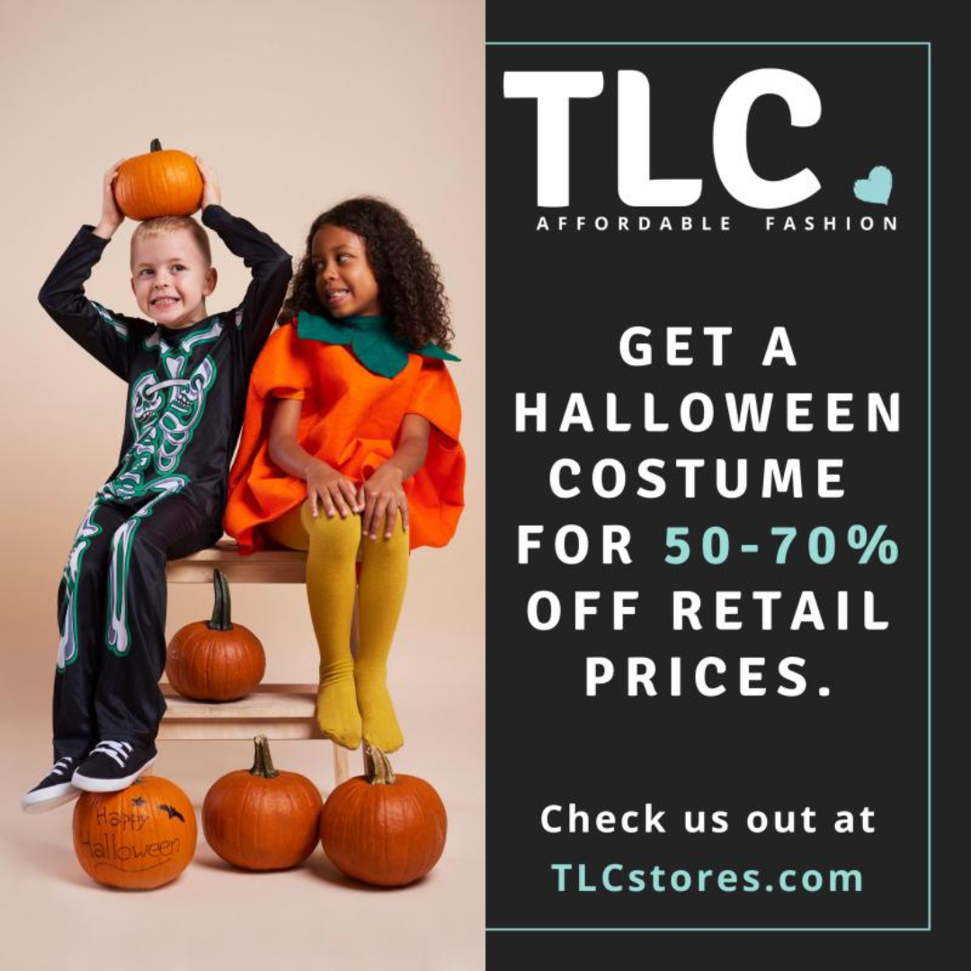 Two children in Halloween costumes with pumpkins and TLC Affordable Fashion advertisement.