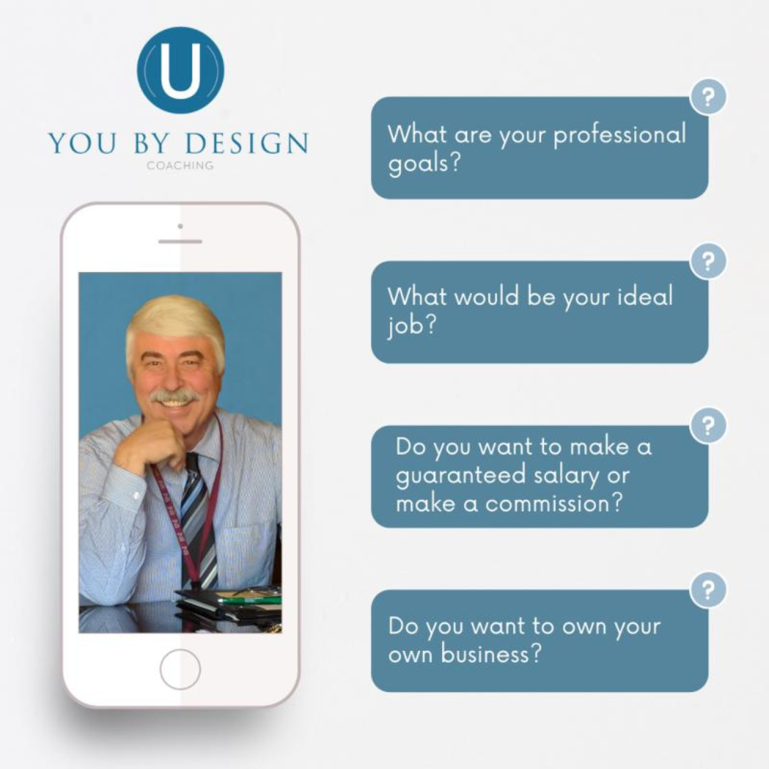 Phone screen with a man's profile and career-related questions on a light gray background